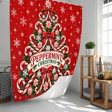 Set Dekorasi Kamar Mandi Natal Motif Pohon Natal Candy Cane Multifungsi 1pc/4pcs, Tirai Kamar Mandi dengan Gratis 12 Pengait, Keset Lantai U-Shaped dan Penutup Dudukan Toilet Bulat, Premium untuk Suasana Meriah, Cocok untuk Semua Dekorasi Ruangan - Pohon Natal Permen Tongkat - View 2