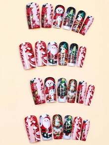 24pcs Short Square Christmas Press-On Nails, Snowflake, Santa Claus, Snowman, Christmas Tree Pattern Fake Nails, With Jelly Glue And Nail File, Suitable For Women's Daily, Party, Holiday Use - Multicolor - View 2