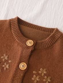 Girls' Fashion Design Knitted Sweater Long Sleeve Embroidered Cardigan Jacket Children's Clothing Winter Outfit Classic - Brown - View 3