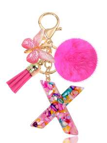 1pc Pink Letter Keychain, Initial Letter Car Key Chain Pendant, Cute Butterfly Tassel Fur Ball Charm For Girls Bag Key Ring Accessory, Halloween Gift Decoration, Suitable For Decorating Handbags, Wallets, Backpacks, Valentine's Day, Bachelorette Party Gift - Hot Pink - View 12