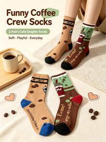 1/2 Pairs Creative Coffee Print Mid-Calf Socks For Women, AB Style Fun Coffee Bean Cartoon Pattern Socks, Versatile Casual Socks - Multicolor - View 8