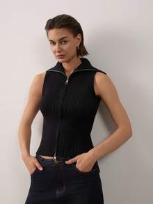 Zipper Ribbed Knit Vest Top - Black - View 7