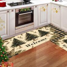 1pc Christmas Series Black & Green Plaid Hand-Painted Pine Tree Pattern Printed Faux Cashmere Surface TPR Backing Doormat, Bathroom Mat, Kitchen Mat, Laundry Room Mat, Holiday Atmosphere Decor, Home Decor, Party Decor, Wedding Decor, Dining & Kitchen Decor - Multicolor - View 4