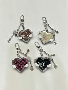 Cute Heart Wing Compact Mirror Keychain, Y2K Guitar Microphone Charm Bag Pendant, Aesthetic Makeup Mirror Keyring Gift - Silver - View 8