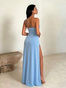 1pc Elegant Solid Color Asymmetric/Asymmetrical Knit Fabric Dress, Suitable For Party, Beach, Evening Date, Holiday, Wedding, Spring/Summer - Blue - View 4