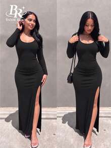 Gaun Panjang Pas Badan Wanita BADDIE REALM dengan Belahan Belakang, Gaya Kasual Dasar - Hitam - View 2