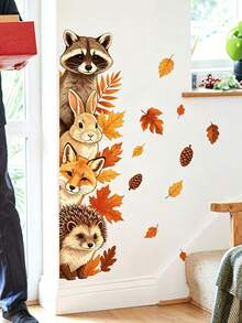 Autumn Forest Small Animal Vertical Wall Decor Stickers, Raccoon Rabbit Fox Hedgehog Autumn Leaves Pine Cone Creative Fun Patterns, Easy To Apply And Remove High-Quality Glue-Free Film, Fall Autumn Atmosphere Decorative Stickers, Can Beautify Walls, Kitchen, Bathroom, Floor-To-Ceiling Windows, Freely Unleash Your Imagination To Create A Healing Autumn Home Space - Multicolor - View 3