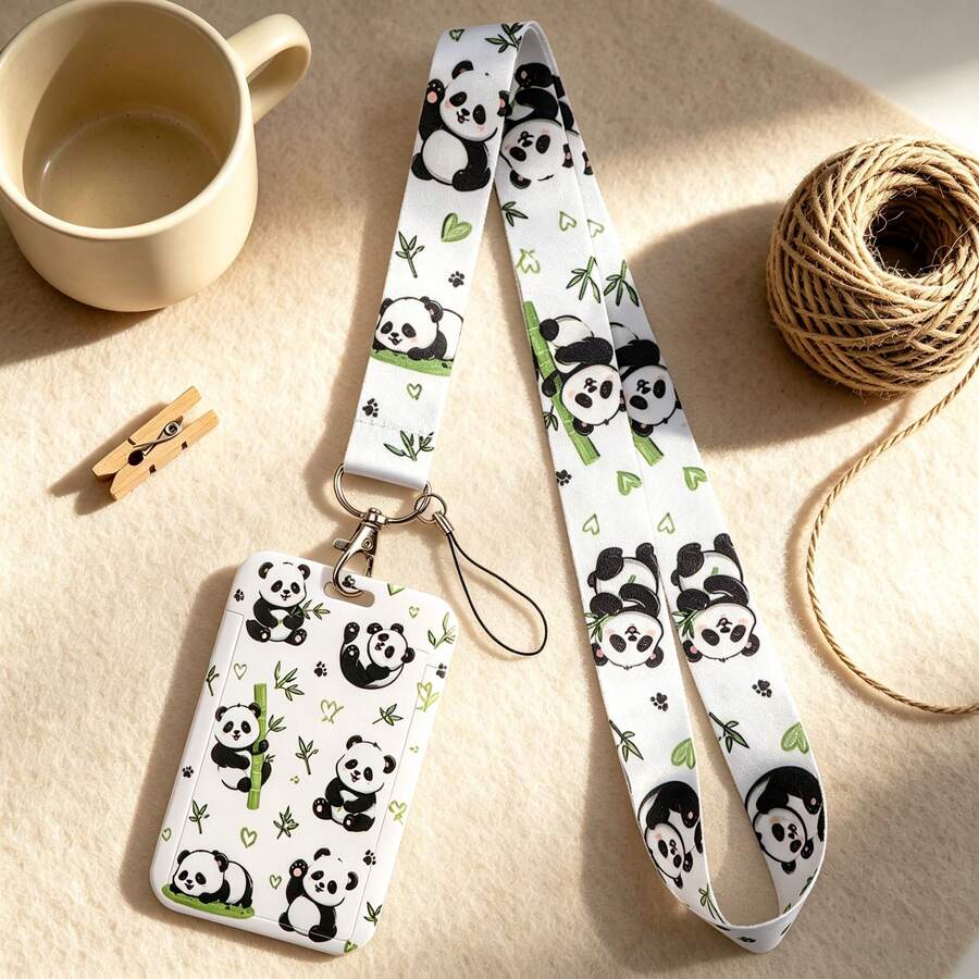 1 Piece Cute Panda Bamboo Print Lanyard With ID Badge Holder, Cartoon Animal Neck Strap Card Holder For Student Work ID Keys, Panda Lover Gift - Multicolor - View 1