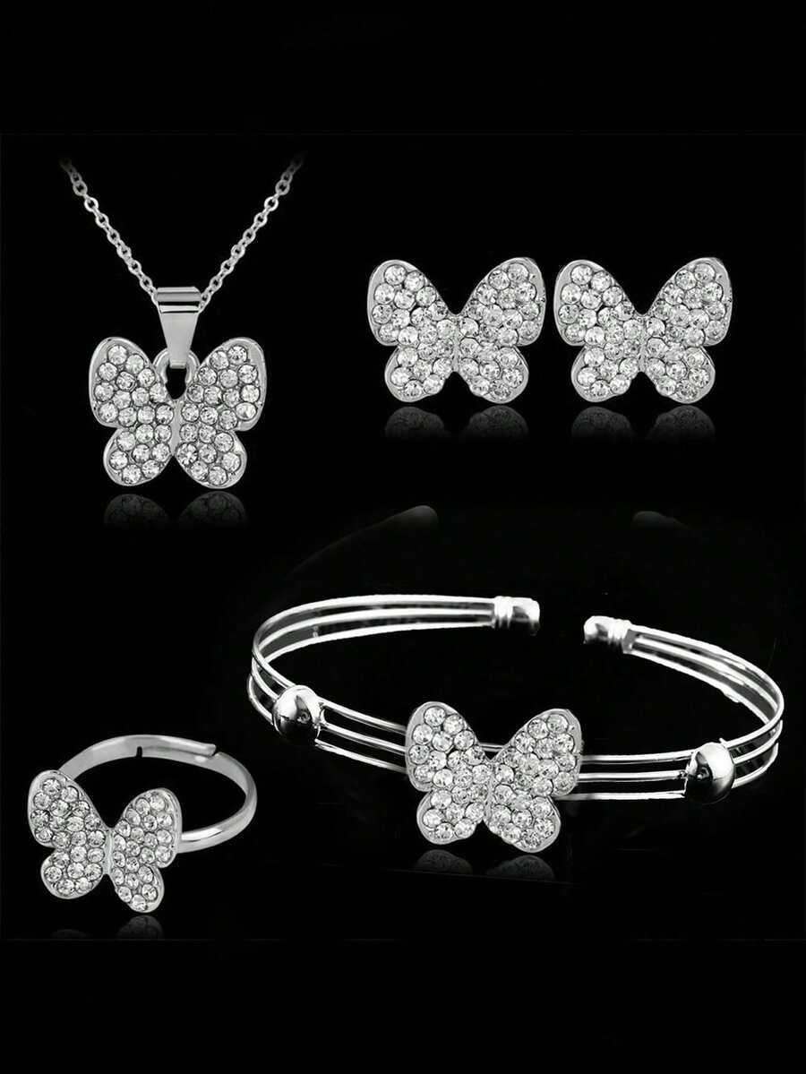 5pcs/Set Silver Rhinestone Butterfly Fashionable, Versatile, Casual Jewelry Set For Girls - Silver - View 1