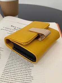 Elegant Textured PU Card Wallet For Women, Gold Metal Buckle Closure, Slim Bifold Flap Design, Small Credit Card Holder Purse - Yellow - View 3