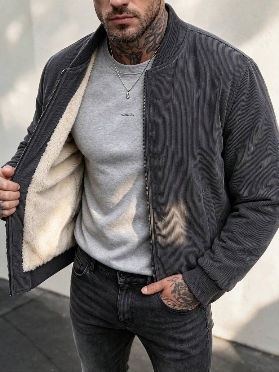 Men's New Winter Simple Thermal Lined Corduroy Baseball Collar Jacket, Suitable As Gift For Friends, Husband, Boyfriend - Dark Grey - View 1