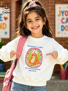 Kids' Cute Cat Print Pullover Sweatshirt, Floral Border & English Slogan Design, Loose Round Neck Long Sleeve, - White - View 2
