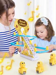 1pc Cute Duck Climbing Stairs Electric Track Toy, Duck Sliding Down With Light & Sound Effects, Gift - Yellow - View 4