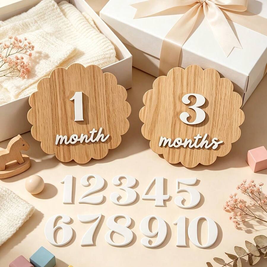 Wooden Double-Sided Milestone Sign Set, Children's Milestone Birth Announcement Board, 1-12 Months Photo Props, Welcome Sign - Multicolor - View 1