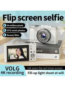 Kamera Vlog Digital 4K Layar Putar 180°, 64MP Autofokus Zoom 16X Kamera Kompak Point & Shoot, Filter Kecantikan Layar IPS Transfer OTG, Portabel untuk Selfie dan Perjalanan, Tidak Termasuk Kartu Memori - View 2