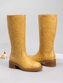 Athlefit Women's Knee-High Boots With Square Toe, Wide Calf, Slip-On Design, Chunky Low Heel Riding Boots - Yellow - View 7