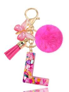 1pc Pink Letter Keychain, Initial Letter Car Key Chain Pendant, Cute Butterfly Tassel Fur Ball Charm For Girls Bag Key Ring Accessory, Halloween Gift Decoration, Suitable For Decorating Handbags, Wallets, Backpacks, Valentine's Day, Bachelorette Party Gift - Hot Pink - View 13