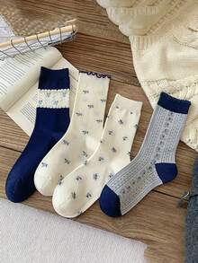 Random 1/4 Pairs Korean Style Floral Mid-Calf Socks For Women, Navy Blue Ruffle Edge Vintage Flower Socks, Versatile Breathable Socks - Multicolor - View 9