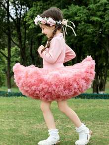 1pc Girls Cute Fancy Dreamy Sweet Princess Colorblock Heavy Work Layered Ruffled Tulle Cake Tutu Skirt Birthday Gift Christmas Thanksgiving New Year Party Banquet All Seasons Wear - Watermelon Pink - View 4