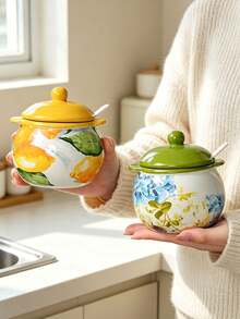 High Aesthetic Hand-Painted Floral Ceramic Seasoning Jar With Lid And Spoon, Dual Handle Salt & Sugar Canister, Kitchen Heat-Resistant Lard & Chili Oil Pot, Ceramic Sealed Storage Container, Fresh Printed Condiment & Sauce Organizer, Vintage Painted Dual Handle Ceramic Spice Holder, Kitchen Salt & Sugar Storage Box With Fresh Floral Print - Multicolor - View 4