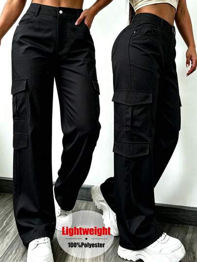 Pantalones cargo negros de cintura alta con múltiples bolsillos para mujer, pantalones largos casuales sueltos de pierna ancha y ligeros