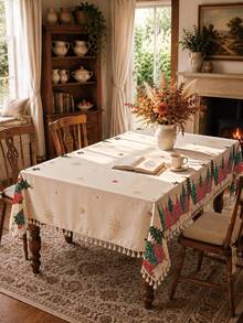 1pc Christmas Winter Minimalist Red & Green Christmas Tree Pattern Polyester Cotton Lace Tablecloth, Stain-Resistant With Tassel Fringe, Suitable For Square & Round Tables, Kitchen, Dining Table, Coffee Table, TV Cabinet, Entryway, Party Holiday Decor, Home Decor, Christmas Dinner - Multicolor - View 1