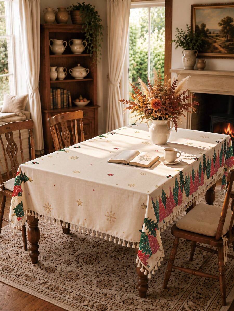 1pc Christmas Winter Minimalist Red & Green Christmas Tree Pattern Polyester Cotton Lace Tablecloth, Stain-Resistant With Tassel Fringe, Suitable For Square & Round Tables, Kitchen, Dining Table, Coffee Table, TV Cabinet, Entryway, Party Holiday Decor, Home Decor, Christmas Dinner - Multicolor - View 1