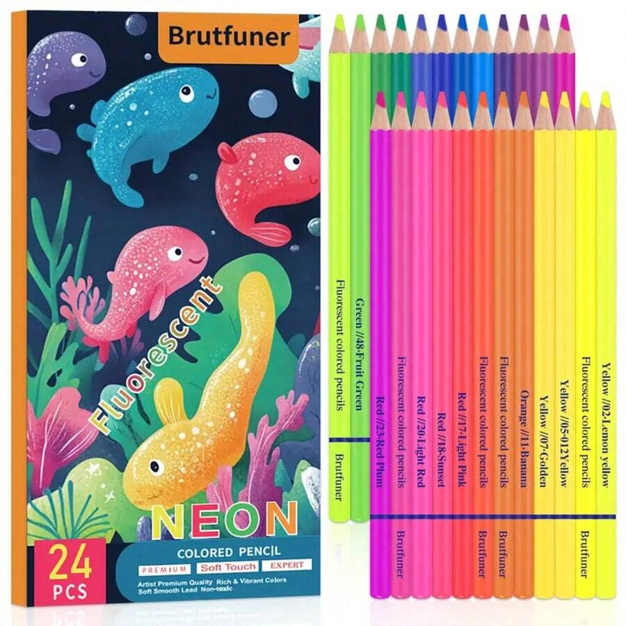 Pensil Warna Neon Fluorescent 24/50, Perlengkapan Seni, Set Pensil, Buku Mewarnai yang Bagus, Pensil untuk Kelas - Pensil warna fluorescent 24 warna - View 1