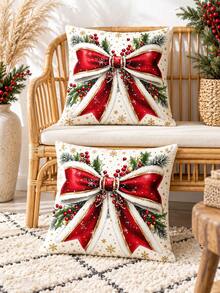 shangxia 2PCS--Red Bow Holly Berry Print Throw Pillow Covers, Snowflake Pine Branch Sofa Decorative Cushions (Pillow Insert Not Included)-- (Multiple Sizes) - Multicolor - View 7