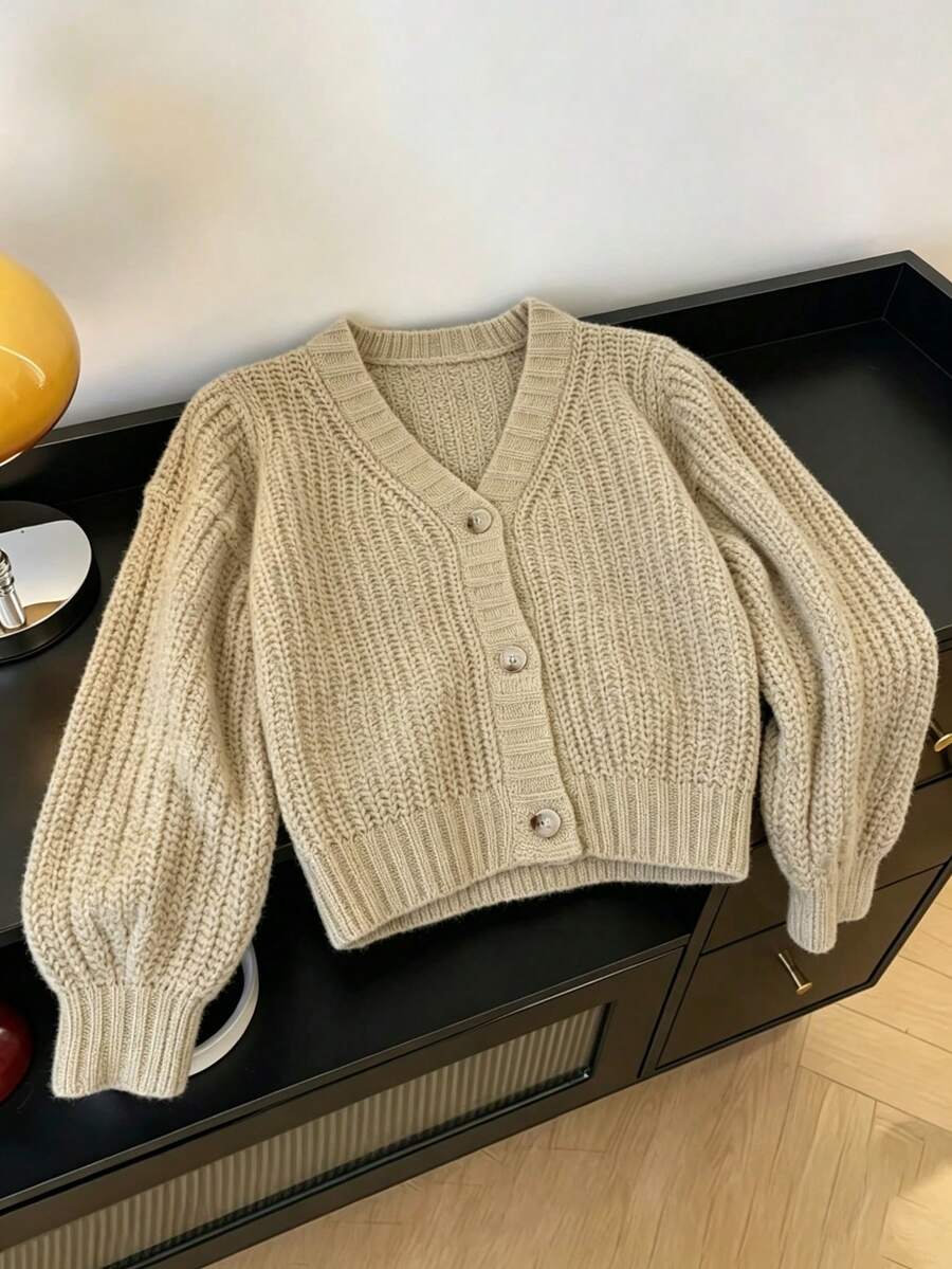 Jaket Cardigan Rajut Wanita Lengan Panjang dengan Hiasan Kancing, Potongan Reguler, Kerah Nyaman - Khaki - View 1