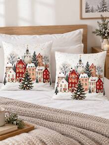 shangxia 2PCS--Nordic Snowy Town Cushion Covers, Hand-Painted European Style Small House Home Decor Pillowcases--(Pillow Insert Not Included)-(Multiple Sizes) - Multicolor - View 1