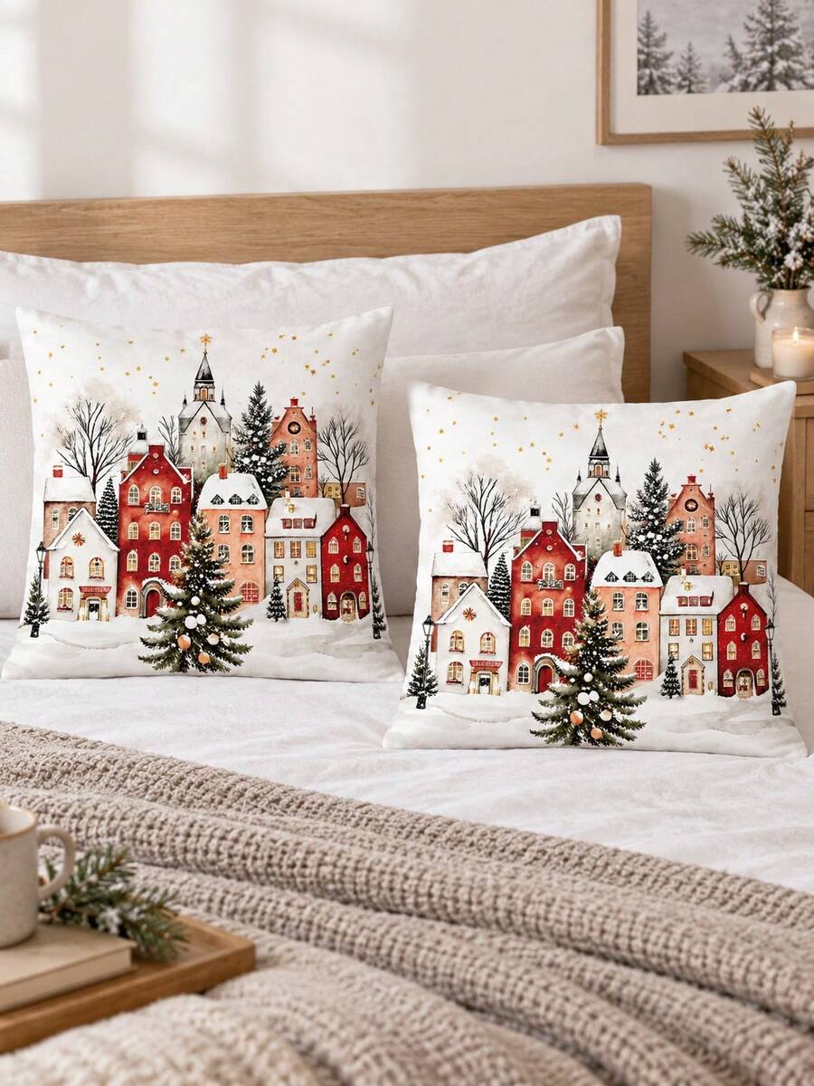 shangxia 2PCS--Nordic Snowy Town Cushion Covers, Hand-Painted European Style Small House Home Decor Pillowcases--(Pillow Insert Not Included)-(Multiple Sizes) - Multicolor - View 1