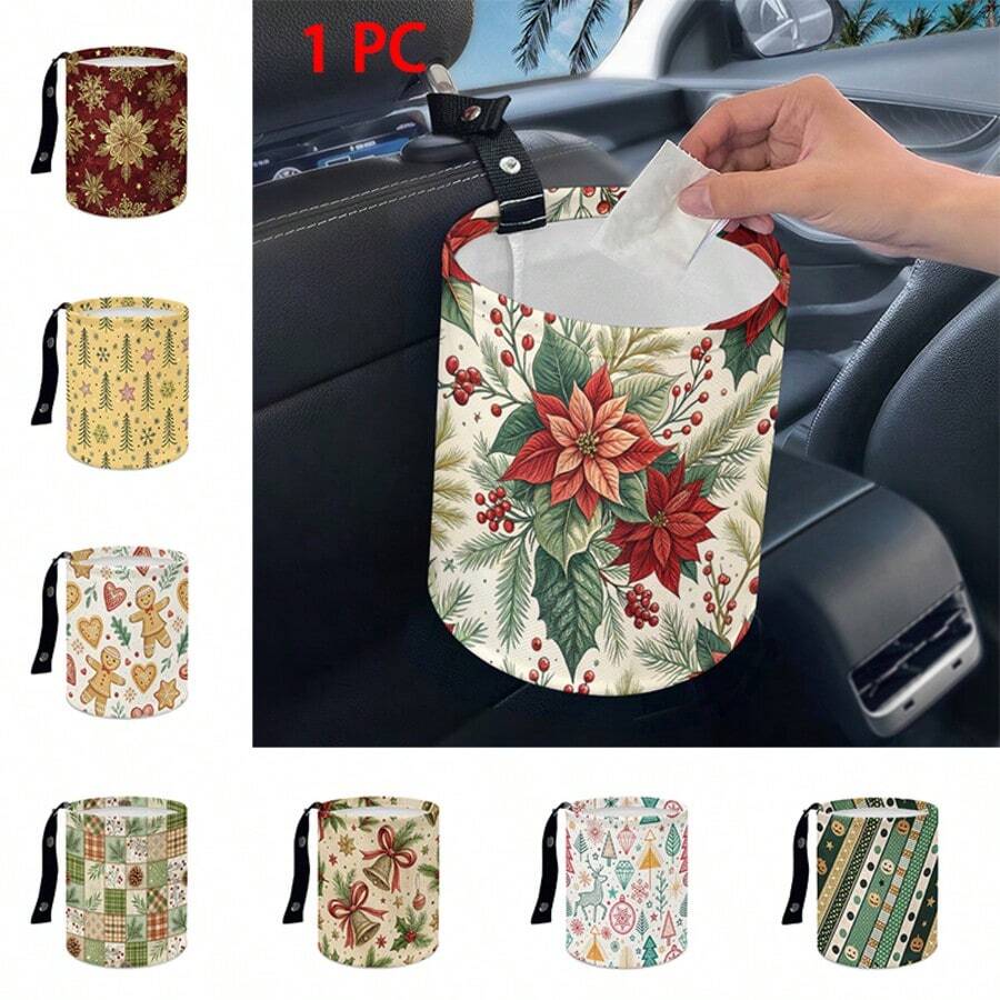 1pc Festive Christmas Pattern Folding Car Trash Can, Modern Style Polyester Flat Print, 18.5*15cm, Hanging Storage Bucket Organizer For Vehicle Interior, Portable Waste Container, Practical Holiday Gift For Mom Women Female Friends - Multicolor - View 1