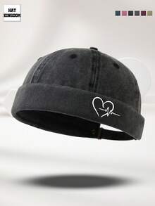 1pc Unisex Black Multi-Color Washed Distressed Heart & ECG Pattern Print Personalized Outdoor Casual Fashion Adjustable Size Washed Bucket Hat Brimless Cap Suitable For Daily Wear Versatile Matching - A - View 1