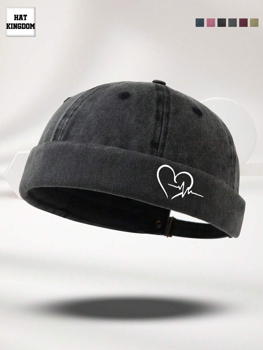 1pc Unisex Black Multi-Color Washed Distressed Heart & ECG Pattern Print Personalized Outdoor Casual Fashion Adjustable Size Washed Bucket Hat Brimless Cap Suitable For Daily Wear Versatile Matching - A - View 1