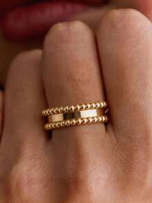 1pc 18K Gold Plated Double Row Bead Wide Band Ring, Unique Luxury Ring, Suitable For Women Girls Daily Party Decoration And Holiday Gift - Yellow Gold - View 4