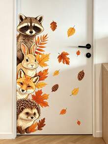 Autumn Forest Small Animal Vertical Wall Decor Stickers, Raccoon Rabbit Fox Hedgehog Autumn Leaves Pine Cone Creative Fun Patterns, Easy To Apply And Remove High-Quality Glue-Free Film, Fall Autumn Atmosphere Decorative Stickers, Can Beautify Walls, Kitchen, Bathroom, Floor-To-Ceiling Windows, Freely Unleash Your Imagination To Create A Healing Autumn Home Space - Multicolor - View 4