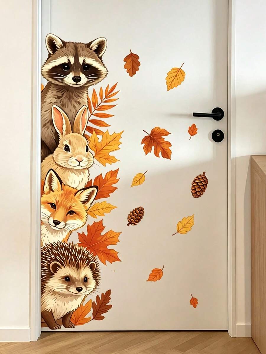 Autumn Forest Small Animal Vertical Wall Decor Stickers, Raccoon Rabbit Fox Hedgehog Autumn Leaves Pine Cone Creative Fun Patterns, Easy To Apply And Remove High-Quality Glue-Free Film, Fall Autumn Atmosphere Decorative Stickers, Can Beautify Walls, Kitchen, Bathroom, Floor-To-Ceiling Windows, Freely Unleash Your Imagination To Create A Healing Autumn Home Space - Multicolor - View 1