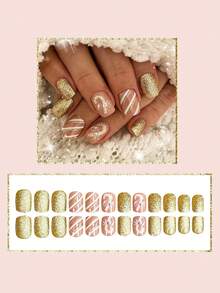24Pcs Xmas Holiday Press‑On Nails, White Snowflake Design Full‑Cover Fake Nails, Christmas Theme Nail Art For Women And Girls - Multicolor - View 3