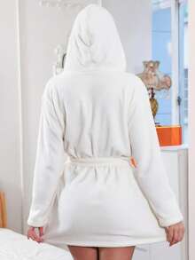 1件女款純色連帽繫帶毛絨浴袍，舒適保暖秋冬睡衣 - 白色 - 查看 2