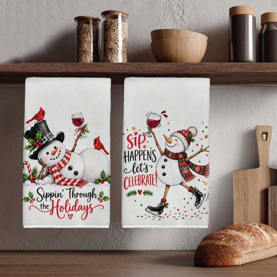 2pcs Funny Snowman & Text Pattern Christmas Kitchen Towels, 40*60cm Soft Microfiber Tea Towels, Suitable For Home Kitchen Restaurant Outdoor Camping Tabletop Cleaning Dish Cloth Hand Towel Accessories, Winter Christmas Holiday Theme Kitchen Towels Holiday Gift - Multicolor - View 1