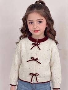 Girls' Colorful Dot Knit Cardigan, Round Neck Long Sleeve Bow Decor Front Button Sweater Jacket, Sweet Contrast Trim Knit Outerwear, Suitable For Autumn/Winter Daily School Wear - Apricot - View 3