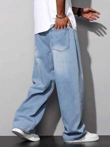 Celana Jeans Denim Pria Biru Model Longgar Gaya Vintage dengan Kaki Lebar, Kasual dan Nyaman, Cocok untuk Semua Musim - Light Wash - View 2
