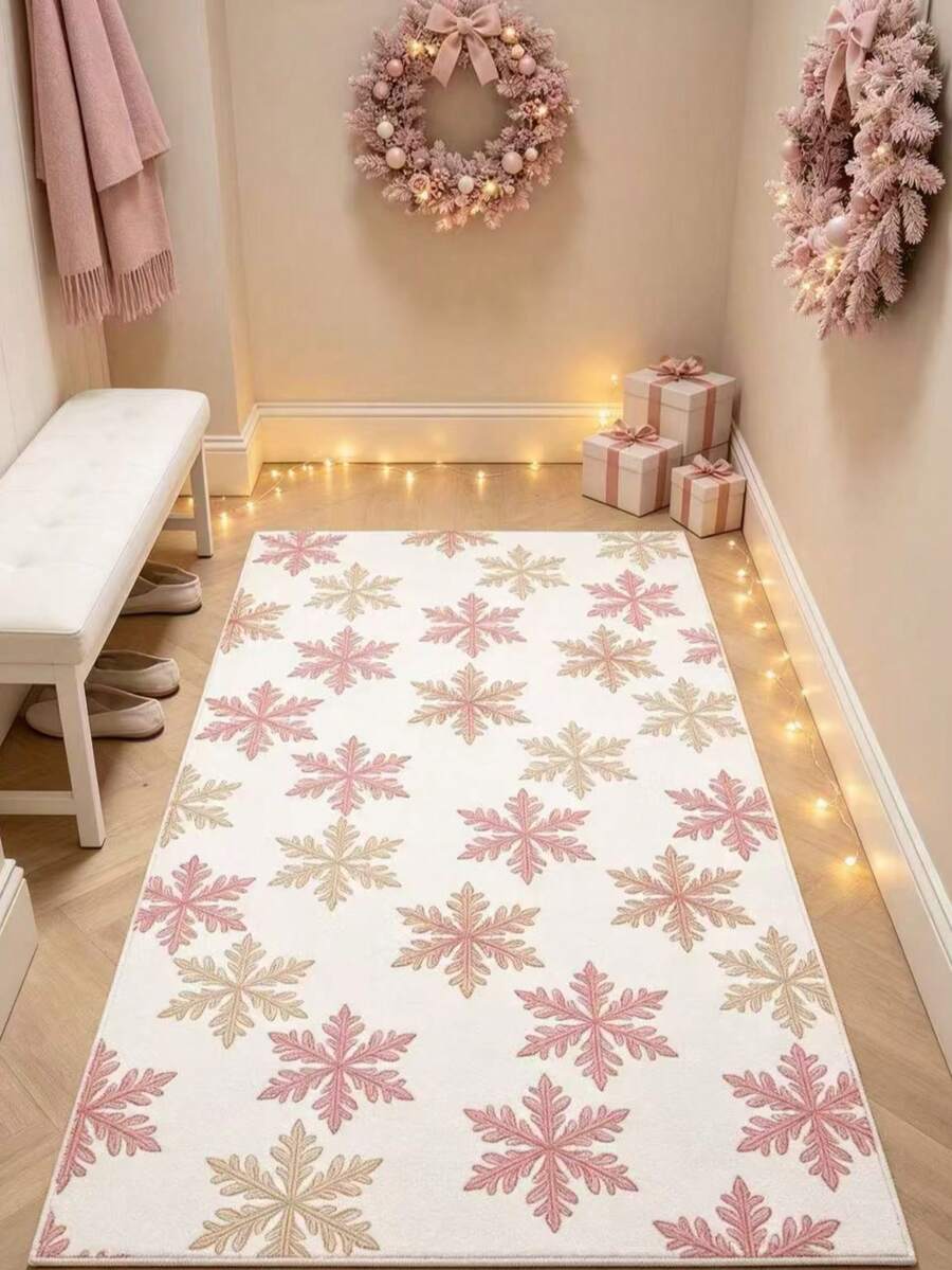 1pc Pink And Yellow Snowflake Pattern Faux Cashmere 300 Decorative Rug, Christmas Style, Christmas, Bedroom Decor, Small Rug, Carpet, Home Decor, Living Room Rug, Living Room Small Rug, Bedroom Rug, Living Room Home Decor, Outdoor Rug, Washable Rug - 1PC - View 1