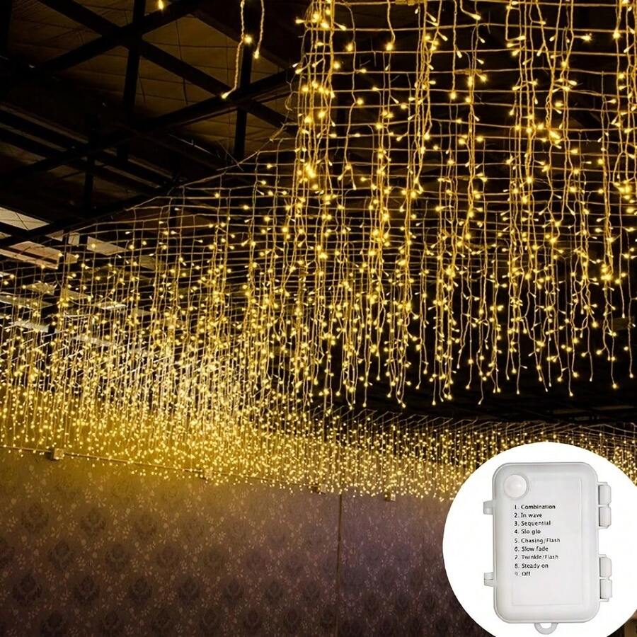 Battery Powered Icicle Curtain Lights, 8 Lighting Modes, Flat And Wavy Styles, Multiple Specifications Available. Soft Light String, Controller Can Switch Multiple Lighting Effects. Hassle-Free Installation Without Wiring, Suitable For Balcony, Eaves, Party, Wedding, Christmas, Halloween Atmosphere Lighting, Perfect For Personal Use Or Gift.