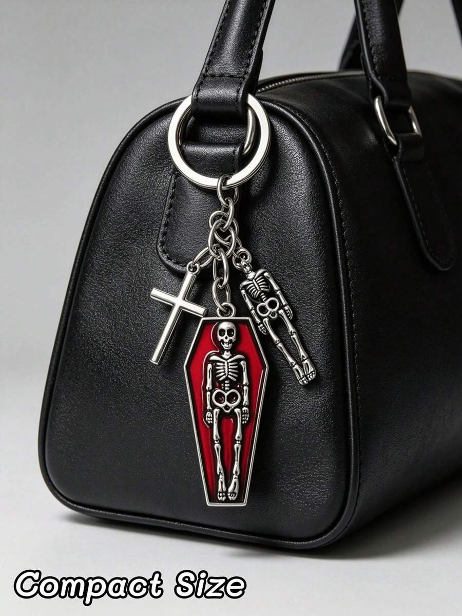1pc New Alloy Enamel Halloween Skeleton Keychains, Gothic Coffin Cross Skull Charm, Silver Key Rings Chain, Car Bag Pendant, Halloween Party Gift - Multicolor - View 1