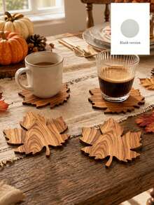 Thanksgiving Maple Wood Coaster Set, Maple Leaf Shaped Wooden Coasters, Autumn Tabletop Decor, Natural Wooden Coffee Cup Coasters, Rustic Farmhouse Style Kitchen And Dining Table Decor, Holiday Home Decor Accessories, Maple Leaf Shaped Wooden Coasters - Multicolor - View 7