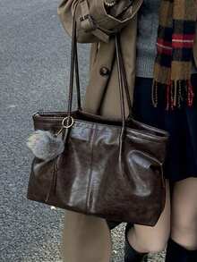 Tote Bag With Pom Pom Charm Decoration, Long Handle With Vertical Stitching Design, Vintage Maillard Style Tote Bag, Large Capacity Soft Draping Storage, Versatile Women's Shoulder Bag For Daily Commute And Travel - Coffee - View 5