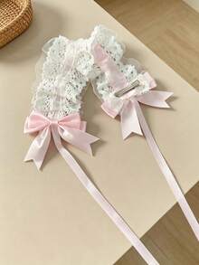 1pc Women's Vintage Plaid Lolita Hair Accessory, Multi-Layer Lace Ruffle Ribbon Hair Clip, Sweet Pastoral Style - Multicolor - View 5