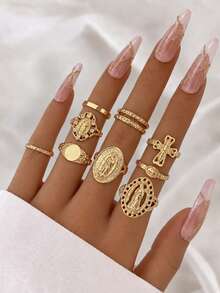 10Pcs/Set Exquisite Elegant Irregular Geometry Finger Rings Women Creative Romantic Wedding Banquet Jewelry Accessories ﻿ - Yellow Gold - View 1
